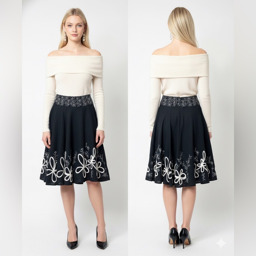 Zara flower embroidery black/cream full skirt